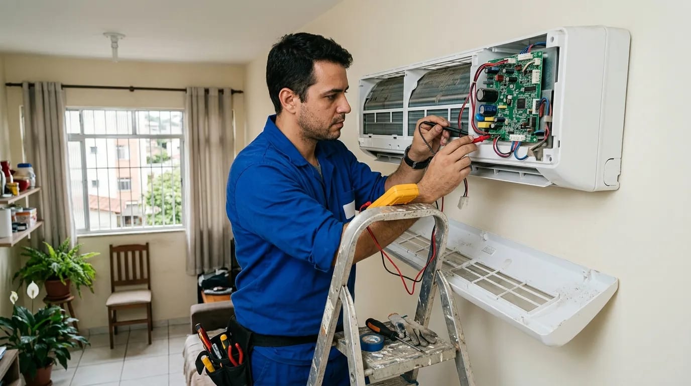 Eletricista ligando a placa do ar-condicionado split em Americana‑SP